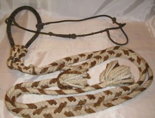 Vintage Black Leather Horse Halter / Bridle,  5 - Foot Yarn / Rope Braided Leads
