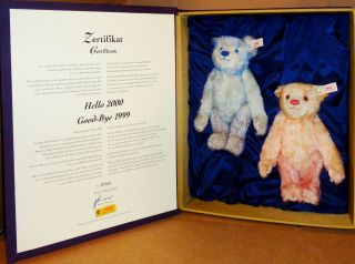 Steiff Hello 2000 Goodbye 1999 Bear Set Limited Edition 2 Teddy Bears Book Box