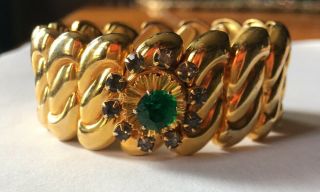 Vintage B & N Expansion Bracelet Gold Tone Emerald Rhinestone Bugbee & Niles