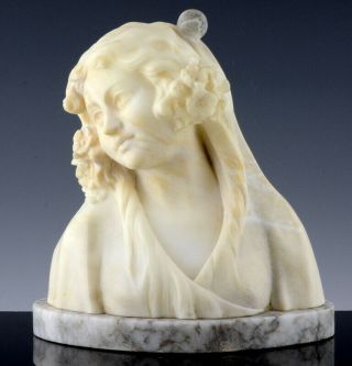 Stunning Antique Art Nouveau Italian Carved Alabaster Stone Bust Of Young Maiden