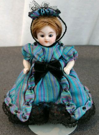 Antique German All Bisque Miniature Dollhouse Doll Tiny 3 3/4” Glass Eyes