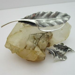Estate Vintage Designer Beau Sterling Silver Leaf Ribbon Brooch Earrings Set 925