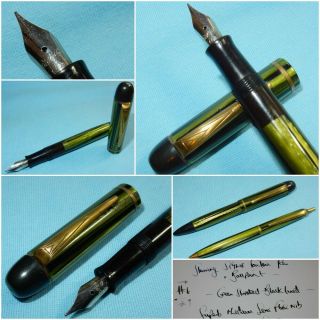 Vintage Stylus 6011 Fountain Pen & 602 Ballpoint Pen Black Green Striped Flex