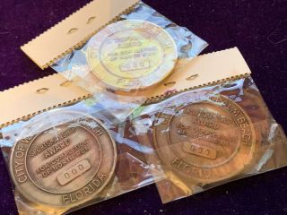 3 Vintage Gold coast marathon miami florida token metal medallion W&H samples 3