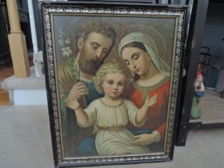 Antique Large Framed Print Baby Jesus,  Mary,  & Joseph Religious Holy Family