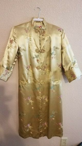 Chinese,  Golden,  Peony,  Embroidered,  Lined,  Silk,  Robe,  Size 36,  Small,  Petite,  1940 
