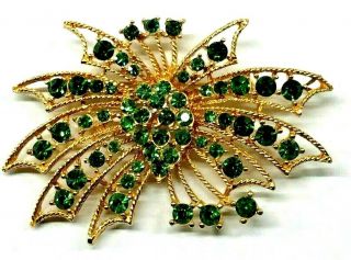 Vintage Emerald Green Rhinestone Ribbon Brooch