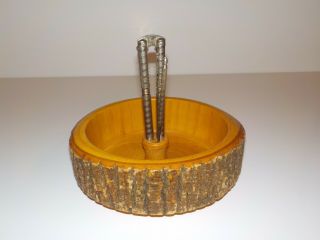 Ellwood Rusticware Vintage Wood Tree Bark Nut Bowl With Nutcracker & 2 Pics Usa