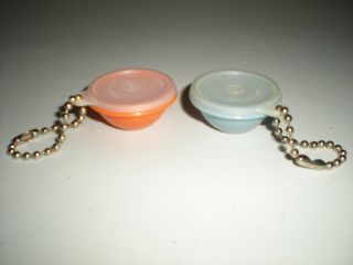 2 Vintage Tupperware Wonderlier Mini Bowl Key Chains W/lids Orange & Light Blue