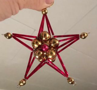 Vintage Mercury Glass Beaded Red / Gold Star Christmas Ornament 4”