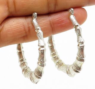 925 Sterling Silver - Vintage Bamboo Style Shiny Round Hoop Earrings - E5394