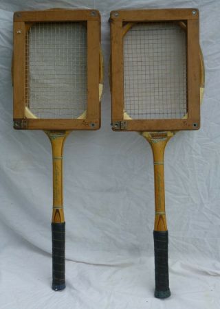 Pair (2) Vintage Wooden Lillywhites London Tennis Rackets & Presses 227