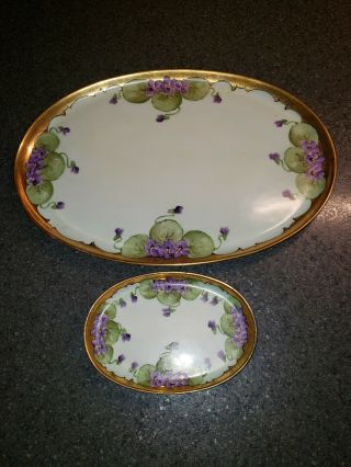 Antique,  Mz Austria Hand Painted Violets,  Gold Gilt Porcelain Vanity Tray & Dish