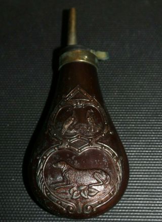 Vintage Copper Brass Black Powder Flask Horn W/ Hunting Dogs & Pheasants