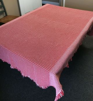 Vintage Woven Tablecloth,  Apple Red And White,  52 " X 88 " Rectangle