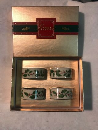 Vintage Lenox Christmas Holiday Napkin Rings Set Of 4 Holly/berries W/box