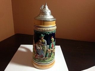 Vintage Pewter Lid German Beer Stein Ceramic.  Made In W Germany.  9”