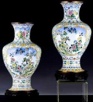 Fine Pair Chinese Famille Rose Canton Enamel Phoenix Tail Landscape Vases