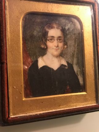 Antique 19thc Cased Folk Art Miniature Portrait Painting Sitter Wearing Glasses