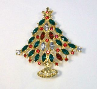 12 Vtg Ruby Emerald & Clear Rhinestone Christmas Tree Pin Brooch