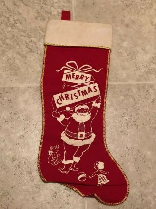 Vintage Red & White Felt Merry Christmas Stocking Santa & Toys