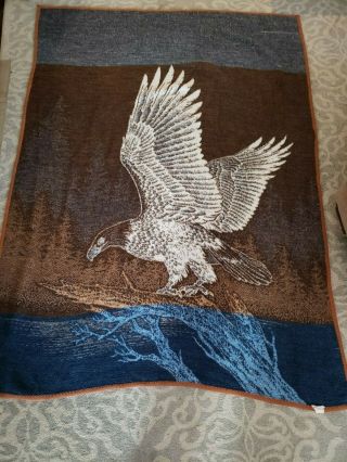 Vintage Biederlack Eagle Blanket Reversible Brown Blue Throw Spain 55x75