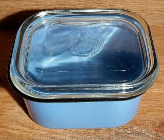 Vintage Beco Ware Enameled Refrigerator Dish Carolina Blue,  Black Rim,  Glass Lid