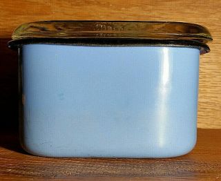 Vintage Beco Ware Enameled Refrigerator Dish Carolina Blue,  Black Rim,  Glass Lid 2