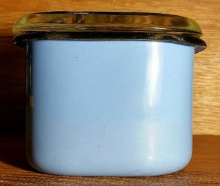 Vintage Beco Ware Enameled Refrigerator Dish Carolina Blue,  Black Rim,  Glass Lid 3