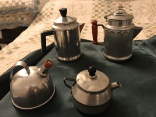 Vintage Child ' s Aluminum Toy Coffee Pot Percolators,  Tea kettles,  & Cookie Jar. 2