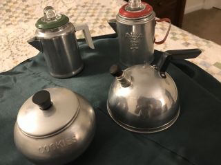 Vintage Child ' s Aluminum Toy Coffee Pot Percolators,  Tea kettles,  & Cookie Jar. 3