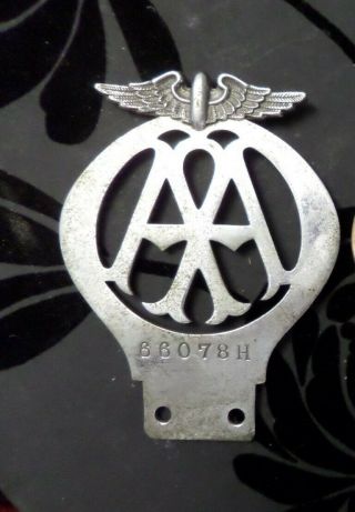 Vintage Chrome Metal Aa Automobile Association Club Car Badge Serial No.  66078h