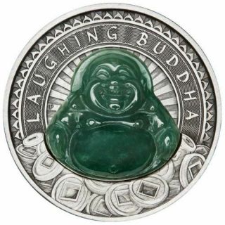 LAUGHING BUDDHA - 2019 1 oz Fine Silver Antiqued Coin with Jade Insert - Perth 2