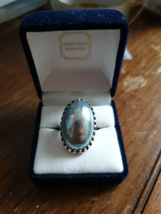 Vintage Art Deco Spanish Sterling Silver Crown Set Grey Mabe Pearl Ring Size R