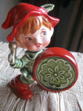 Vintage 4 " Tall Drummer Boy Elf?? Made In Japan Great Face Red Hair Feather Cap