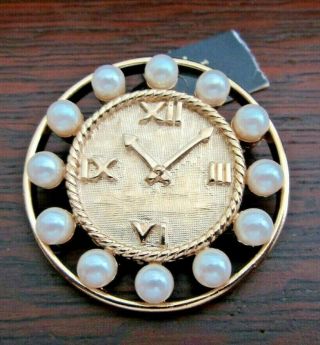 Vintage Signed Trifari Tm Gold Tone Roman Numeral Watch Face Faux Pearl Brooch