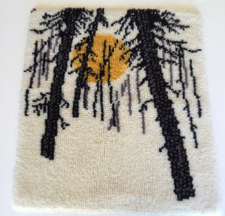 Vintage Completed Latch Hook Rug Trees Moon Snow Landscape Forest 27 X 31 White