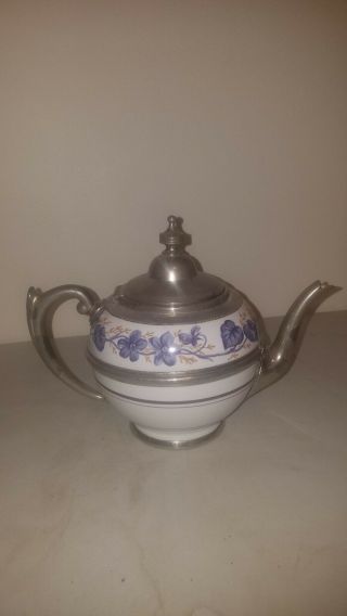 Antique Graniteware Tea Pot Pewter Enamel Floral Teapot