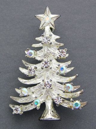 Vintage Eisenberg Ice Christmas Tree Pin Brooch Clear Ab Rhinestones Silver Tone
