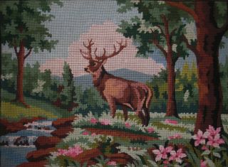 Vintage Completed Cotton Margot De Paris Needlepoint Deer Tapestry 19.  7 " X14.  5 "