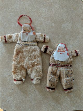 2 Vintage Santa Cotton Spun Batting W/paper Face Christmas Ornaments