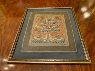 A Rare Chinese Qing Dynasty Textile Dragon Panel,  Framed. 2