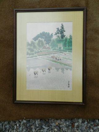Framed Vintage Japanese Woodblock Print,  " Rice Planting " By E.  Kotozuka,