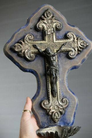 ⭐ Antique French Religious Cross,  Crucifix,  Holy Water Font,  19 Th Century⭐