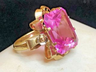 Antique Estate 18k Gold Pink Sapphire Ring Emerald Cut Art Deco