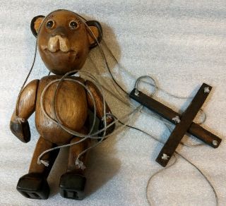 Antique Wood Hand Carved Folk Art Teddy Bear Marionette Puppet 10 " Tall Wooden