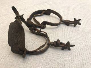 Antique Cowboy Horse Riding Spurs Tooled Leather & Silver Overlay Unknown Maker