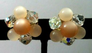 Stunning Vintage Estate Ab Crystal & Moonglow Beaded 1 " Clip Earrings G989n