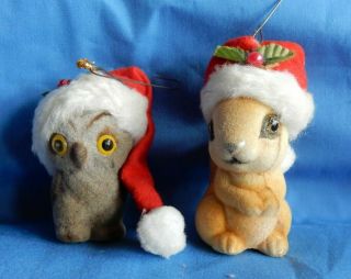 Vintage Flocked Owl & Squirrel W Santa Hats Christmas Ornaments