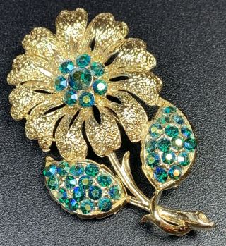 Vintage Brooch Pin 2.  5” Gold Tone Flower Aqua Blue Crystal Ab Rhinestones